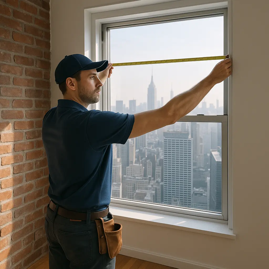 Technician measuring a window for custom shades in a New York City apartment