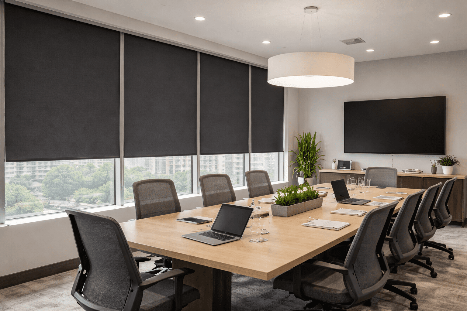 Commercial Window Treatments NYC – blackout roller shades in a modern conference room for privacy and glare-free presentations.