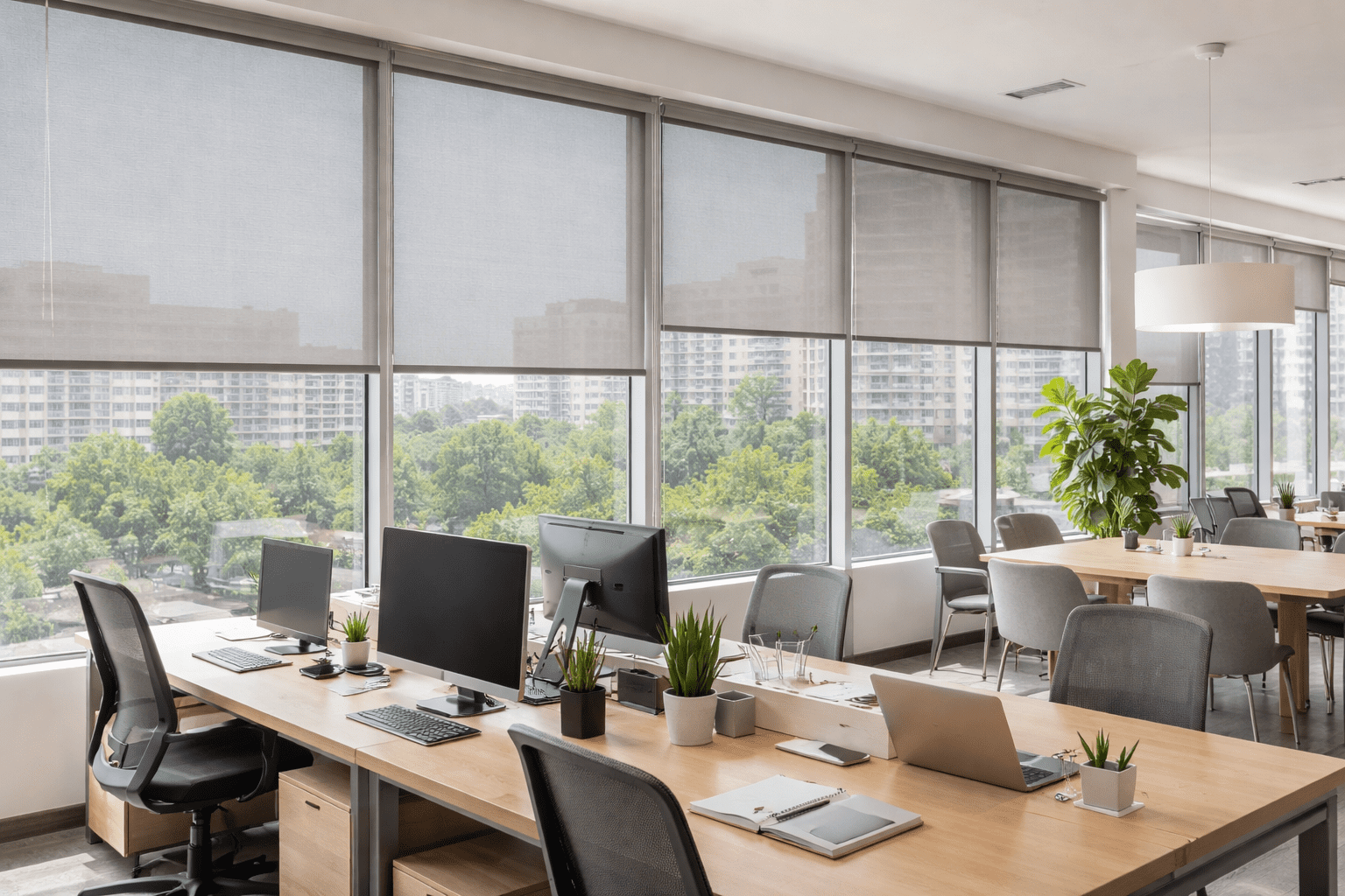 Commercial Window Treatments NYC – solar roller shades in a modern office filtering daylight while preserving the view.