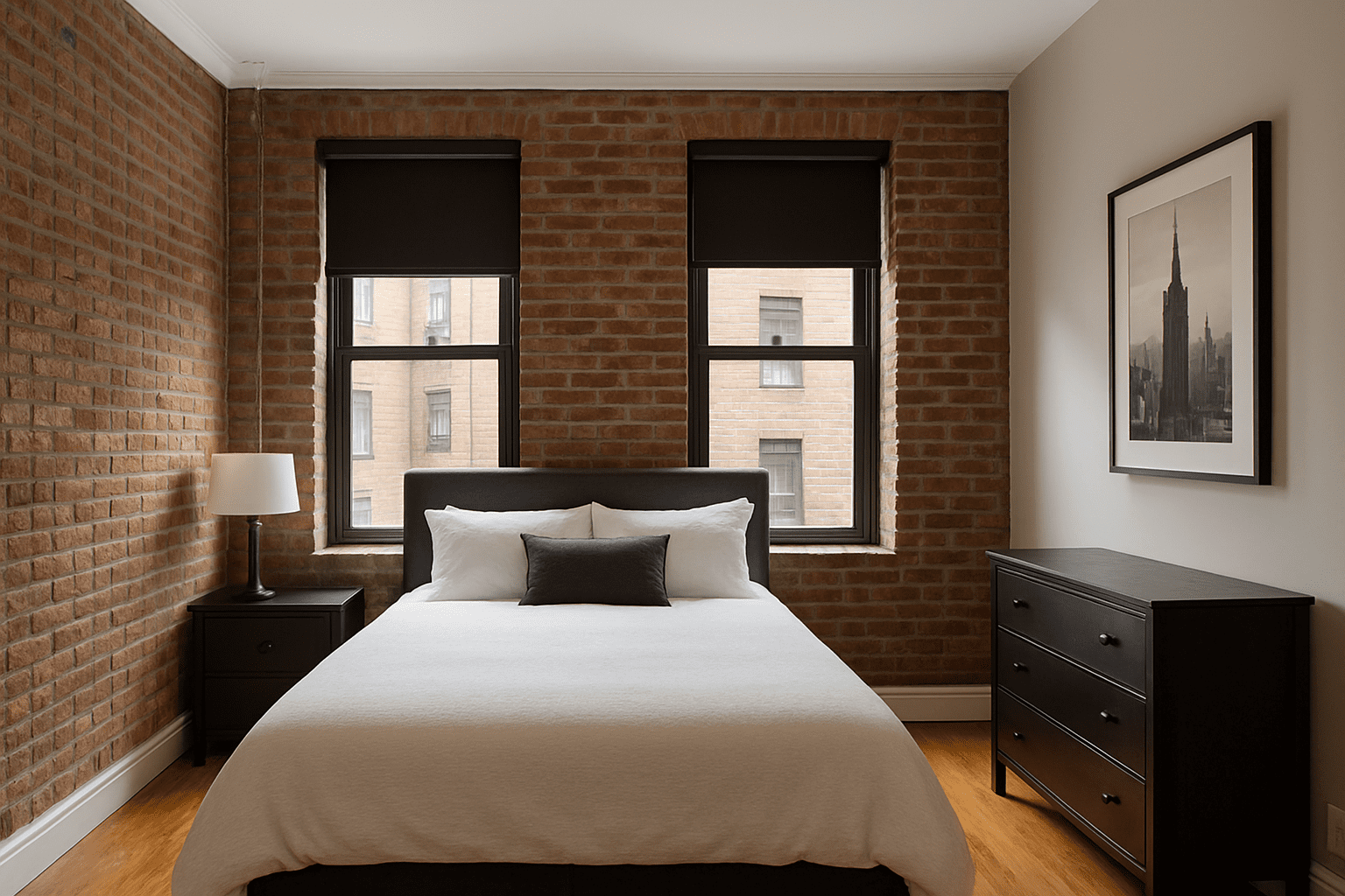 NYC bedroom with custom blackout roller shades