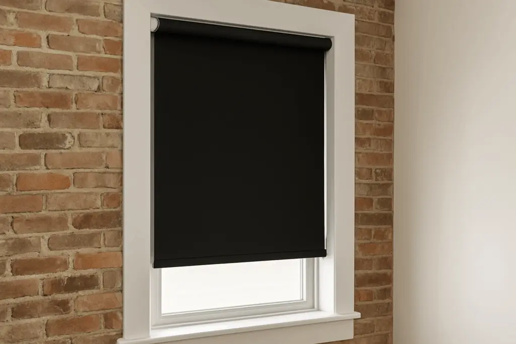 Black roller shade on an apartment window