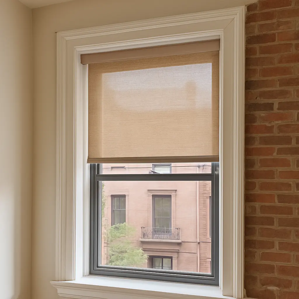 Light solar roller shade with the street view visible