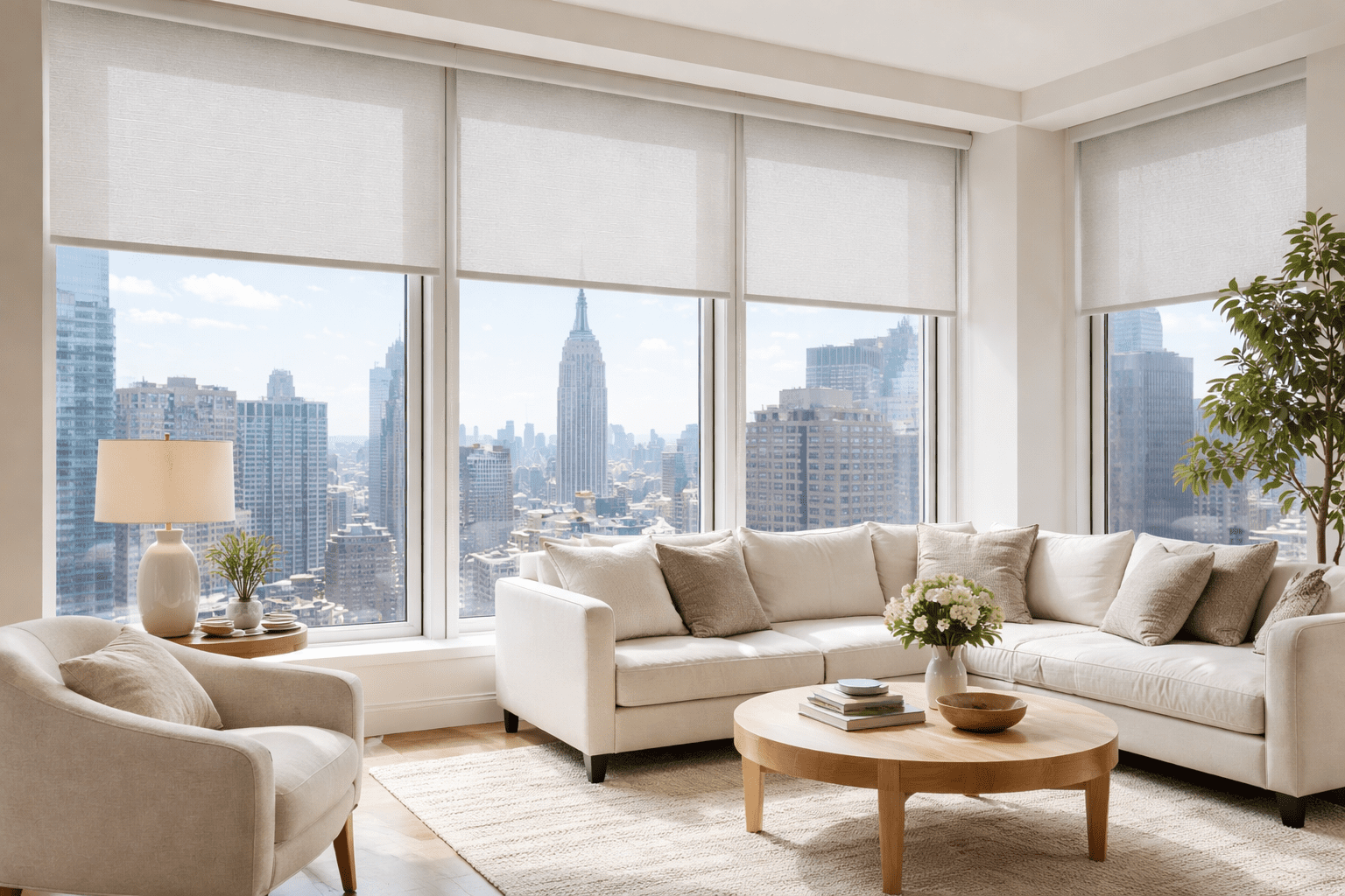 Solar shades softening sunlight while keeping the city view